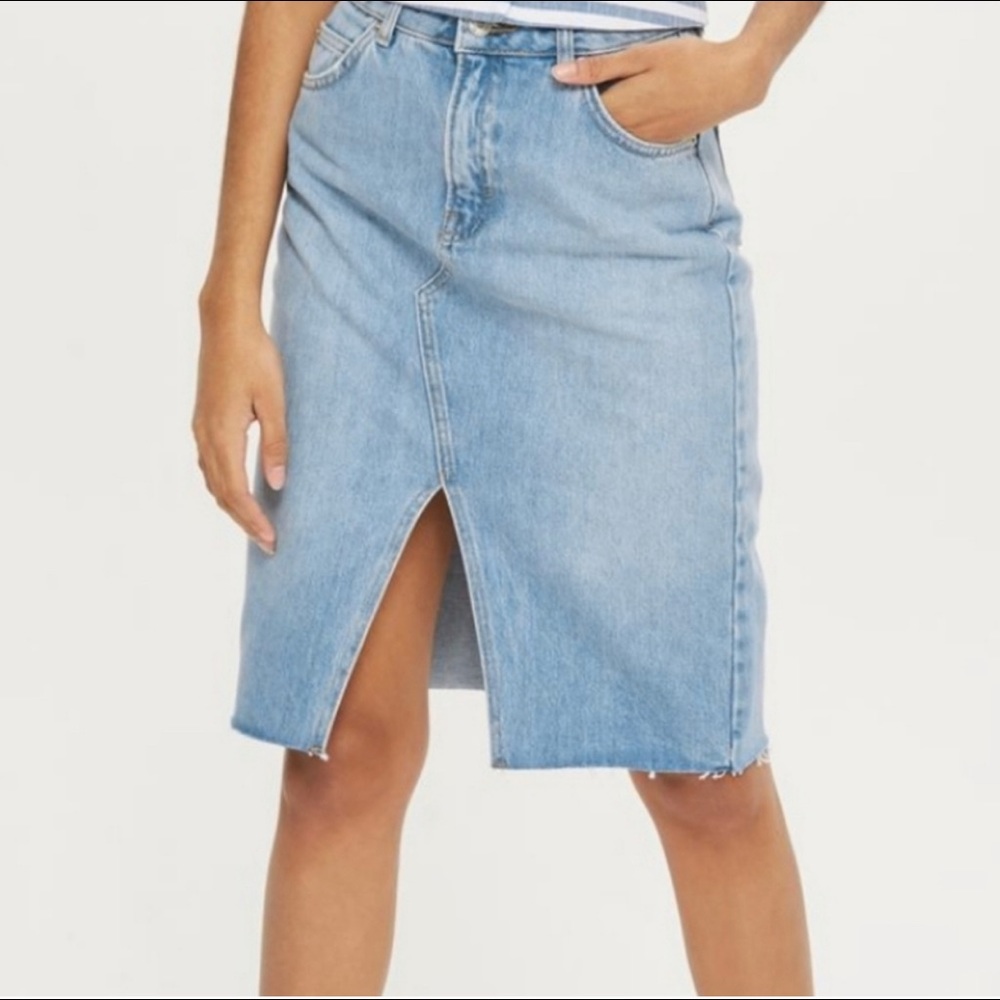 TOPSHOP HIGH WAIST FRONT SLIT MAXI DENIM SKIRT